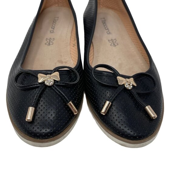 T.TACCARDI Size 35 Black Perforated Ballet Flats Shoes Bow Comfort - Picture 3 of 7